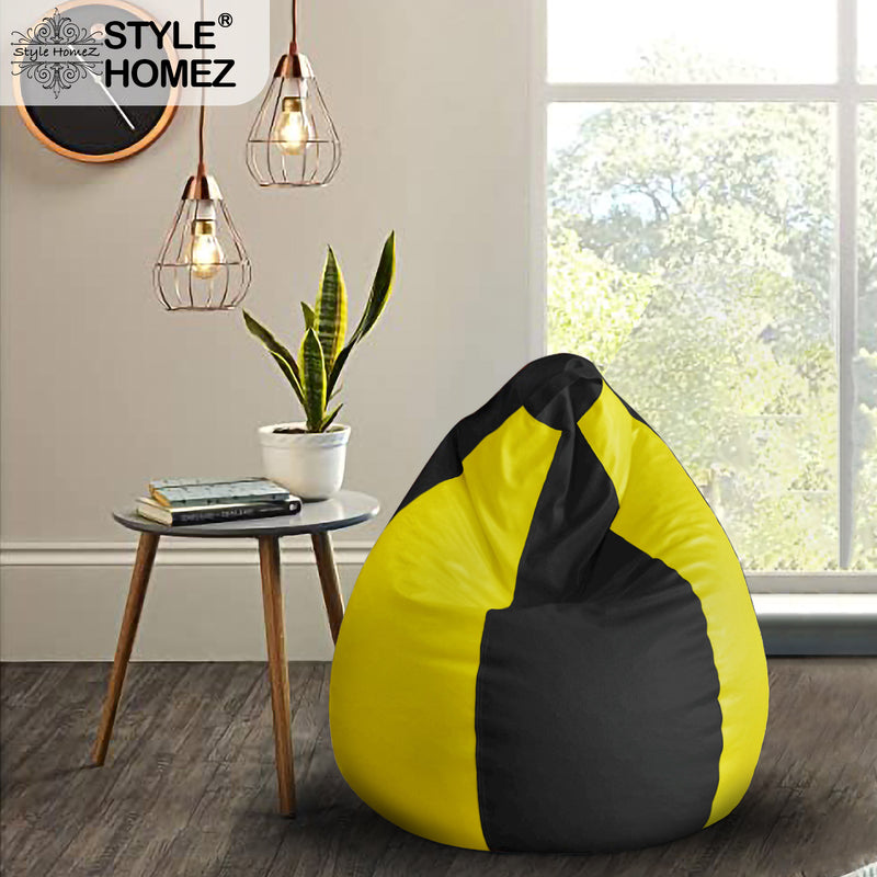 Style Homez Premium Leatherette Classic Bean Bag Size XL Black Yellow Color, Cover Only