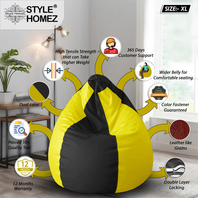 Style Homez Premium Leatherette Classic Bean Bag Size XL Black Yellow Color, Cover Only