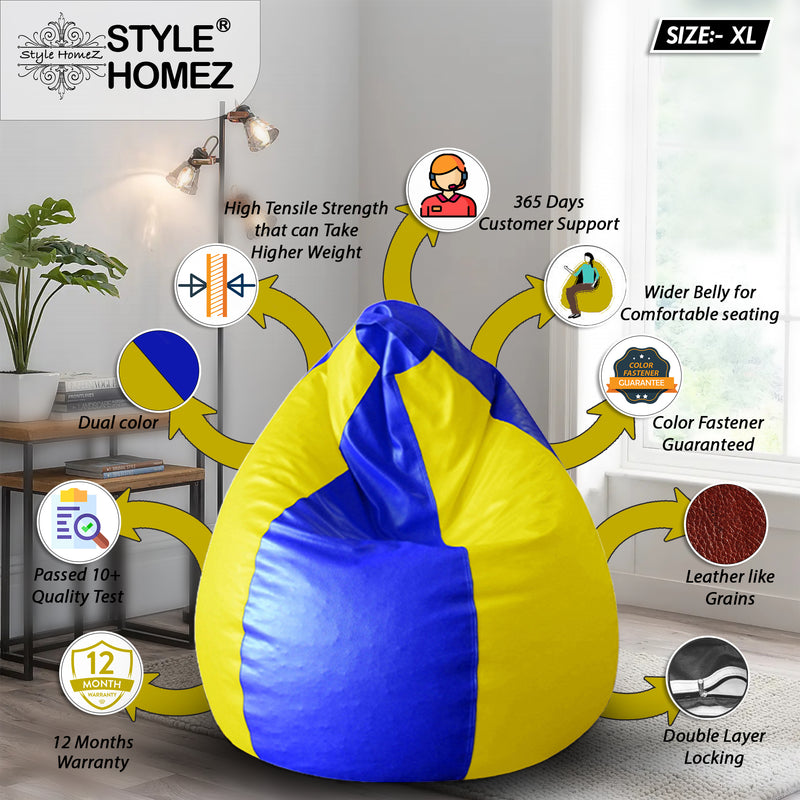 Style Homez Premium Leatherette Classic Bean Bag XL Size Blue Yellow Color Filled with Beans Fillers