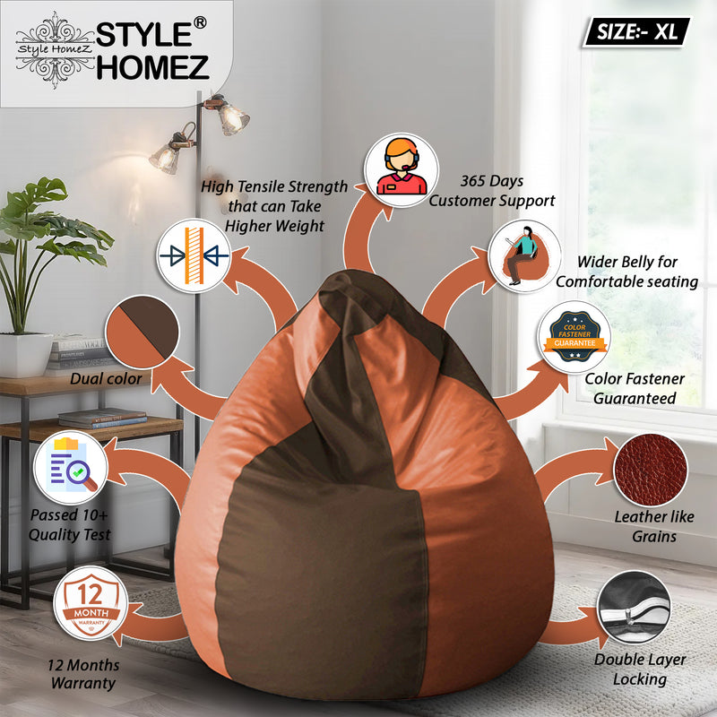 Style Homez Premium Leatherette Classic Bean Bag Size XL Brown Tan Color, Cover Only