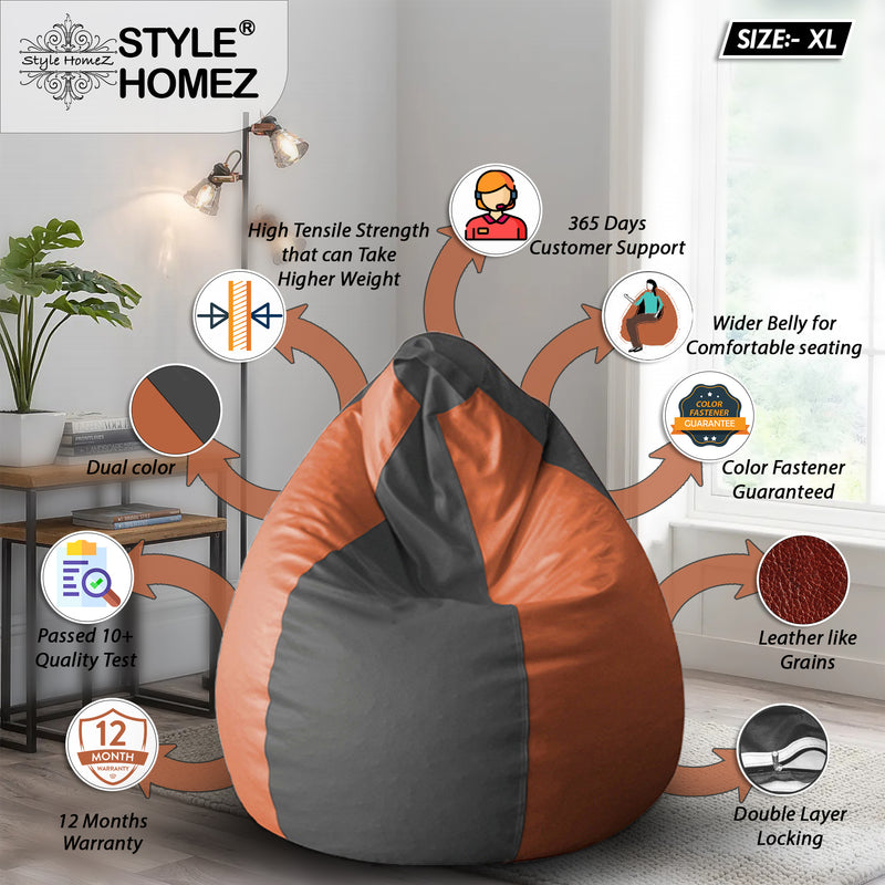 Style Homez Premium Leatherette Classic Bean Bag XL Size Grey Tan Color Filled with Beans Fillers