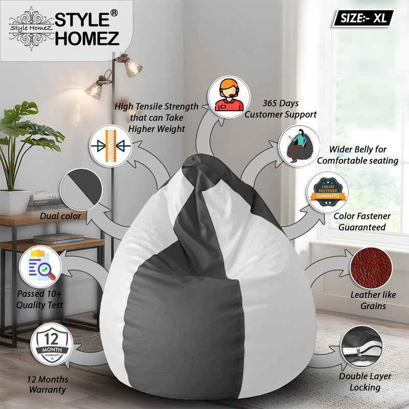 Style Homez Premium Leatherette Classic Bean Bag Size XL Grey White Color, Cover Only