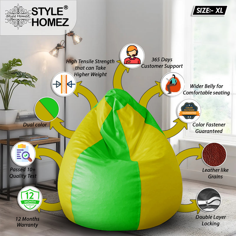 Style Homez Premium Leatherette Classic Bean Bag Size XL Green Yellow Color, Cover Only