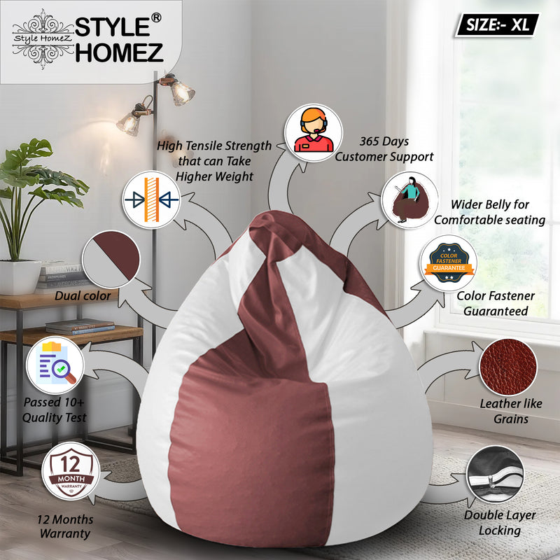Style Homez Premium Leatherette Classic Bean Bag XL Size Maroon White Color Filled with Beans Fillers