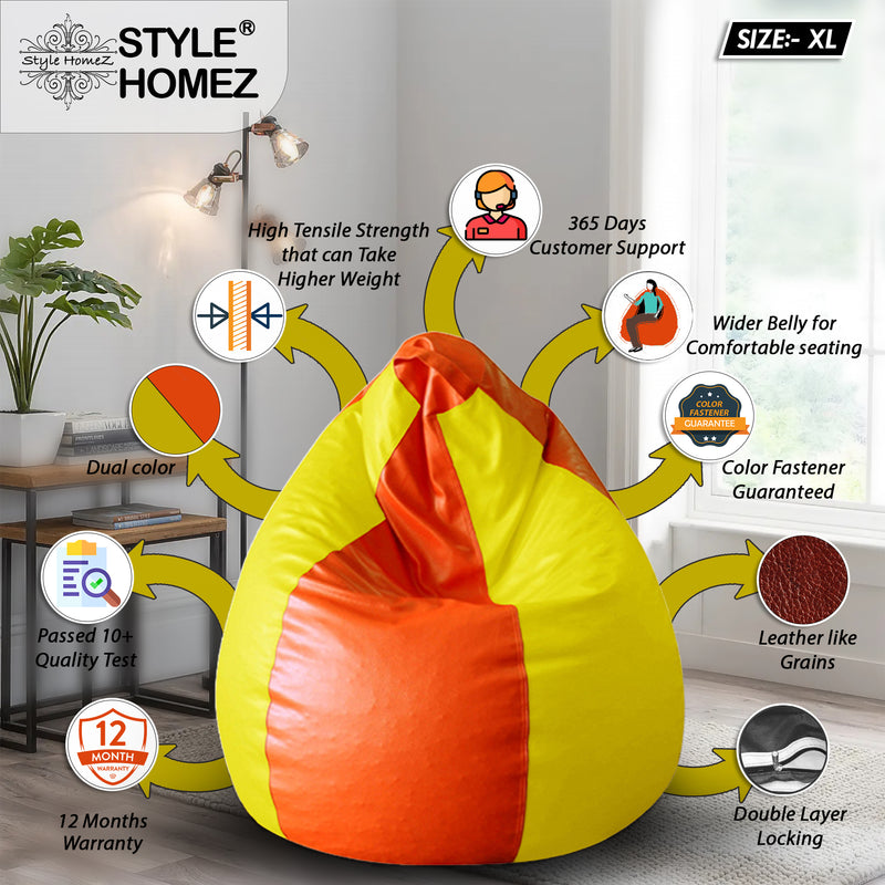 Style Homez Premium Leatherette Classic Bean Bag XL Size Orange Yellow Color Filled with Beans Fillers