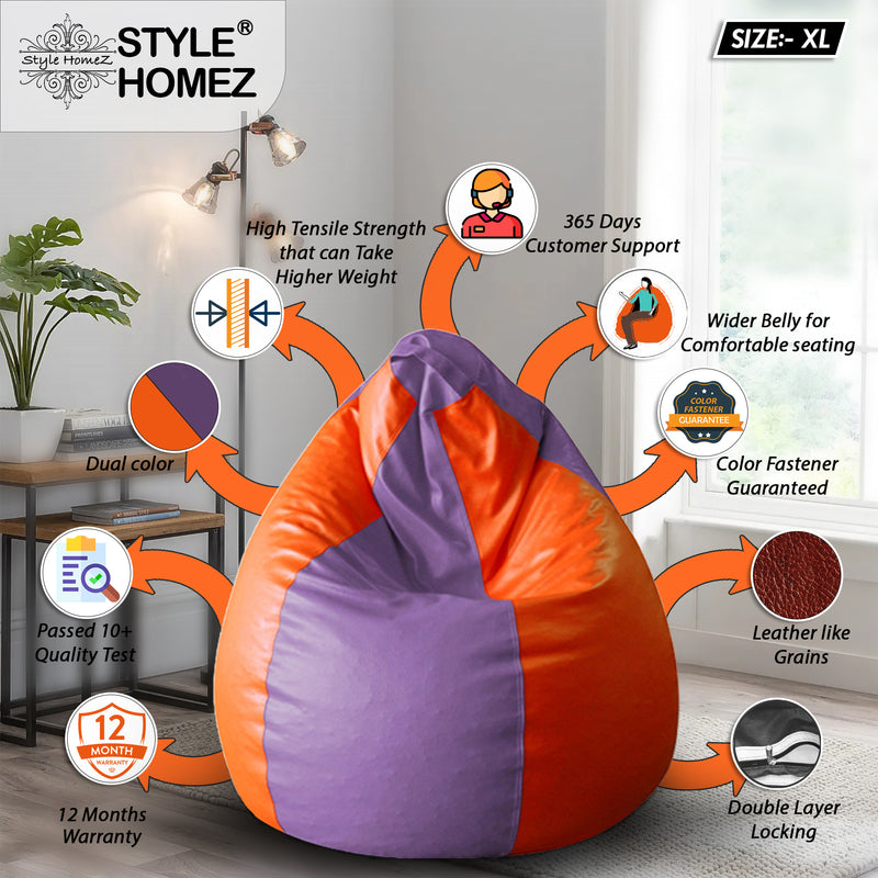 Style Homez Premium Leatherette Classic Bean Bag XL Size Purple Orange Color Filled with Beans Fillers