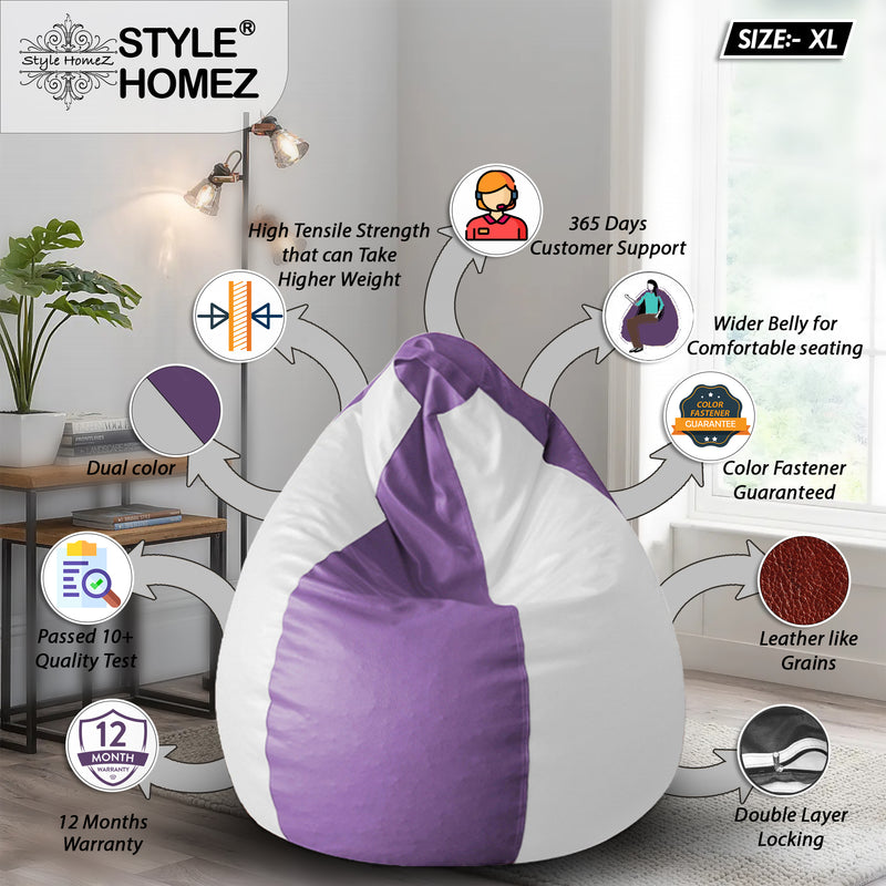 Style Homez Premium Leatherette Classic Bean Bag Size XL Purple White Color, Cover Only