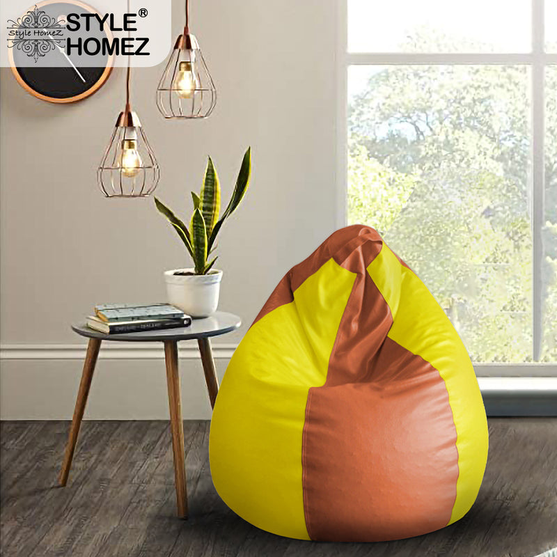 Style Homez Premium Leatherette Classic Bean Bag XL Size Tan Yellow Color Filled with Beans Fillers