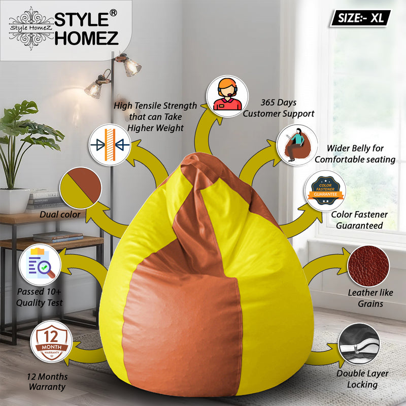 Style Homez Premium Leatherette Classic Bean Bag Size XL Tan Yellow Color, Cover Only