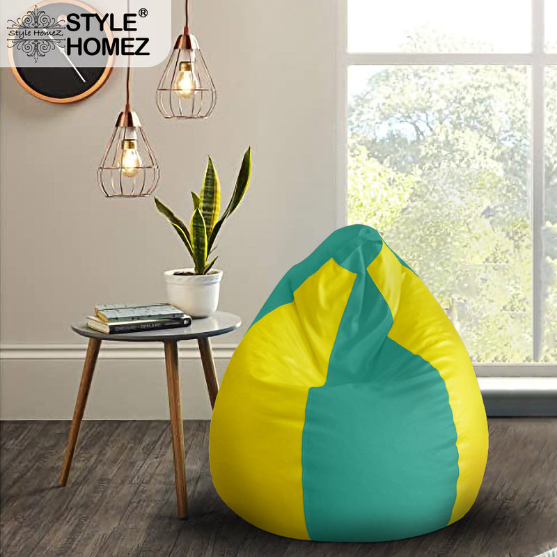 Style Homez Premium Leatherette Classic Bean Bag XL Size Teal Yellow Color Filled with Beans Fillers