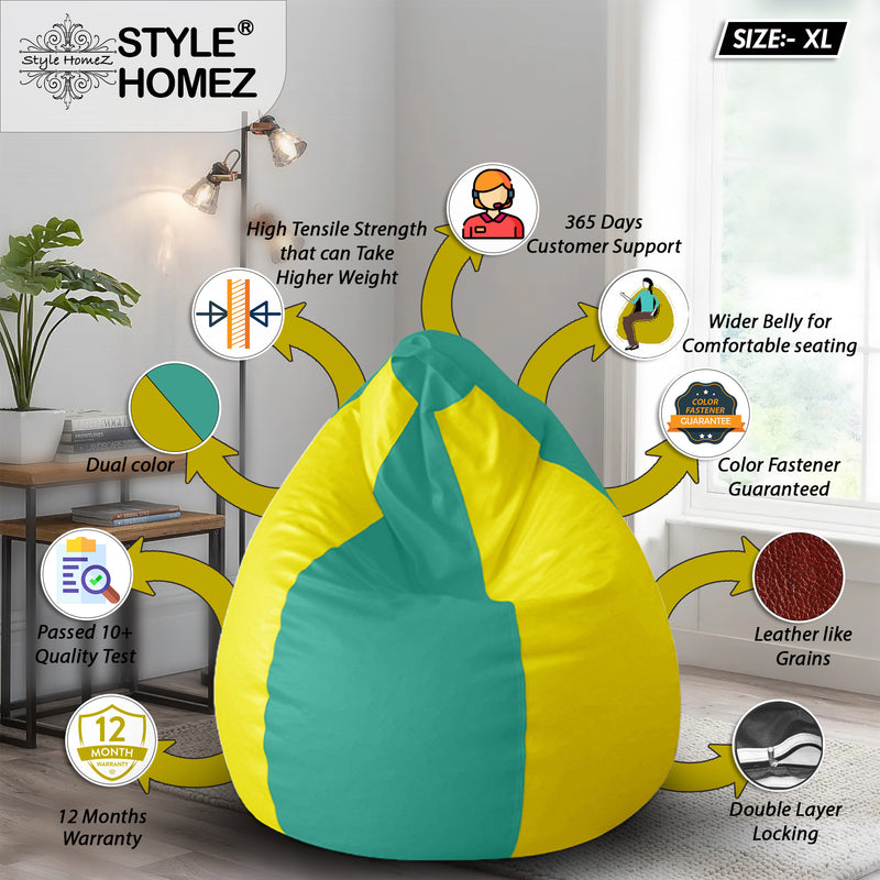 Style Homez Premium Leatherette Classic Bean Bag Size XL Teal Yellow Color, Cover Only