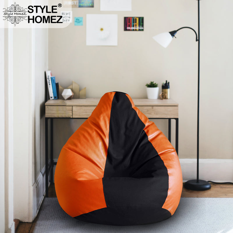 Style Homez Premium Leatherette Classic Bean Bag XXL Size Black Orange Color Filled with Beans Fillers