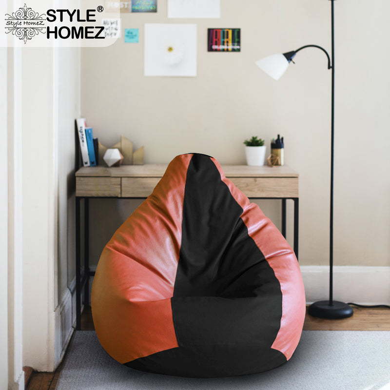 Style Homez Premium Leatherette Classic Bean Bag Size XXL Black Tan Color, Cover Only
