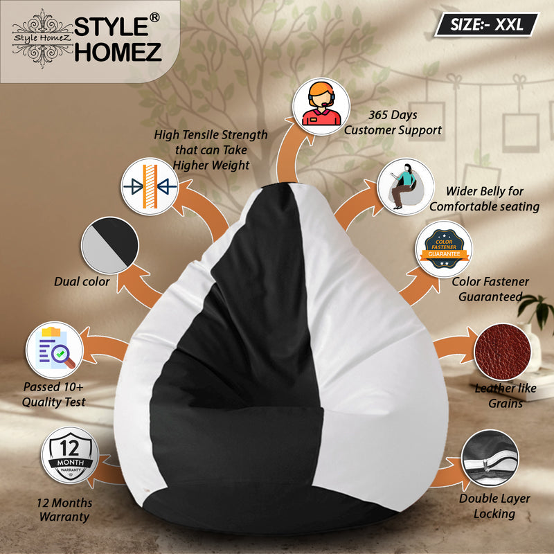 Style Homez Premium Leatherette Classic Bean Bag Size XXL Black White Color, Cover Only