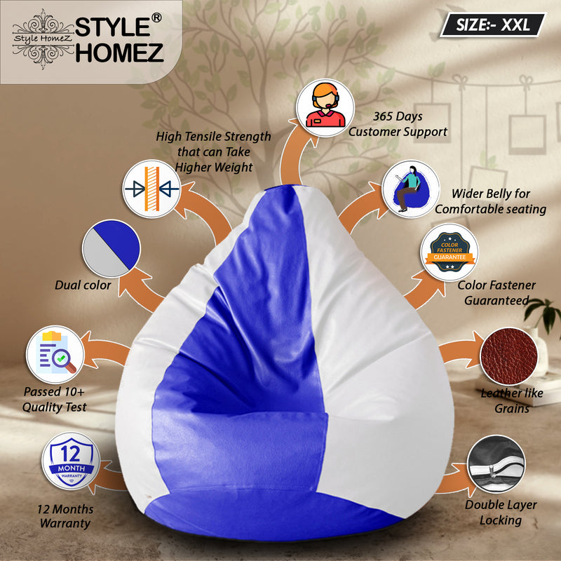 Style Homez Premium Leatherette Classic Bean Bag XXL Size Blue White Color Filled with Beans Fillers