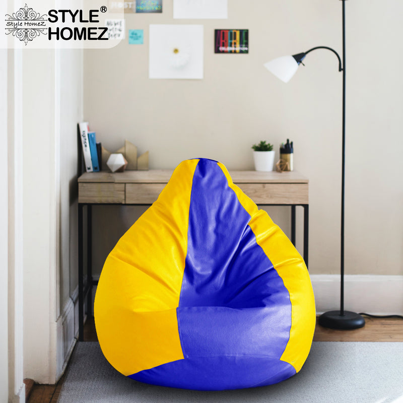 Style Homez Premium Leatherette Classic Bean Bag Size XXL Blue Yellow Color, Cover Only