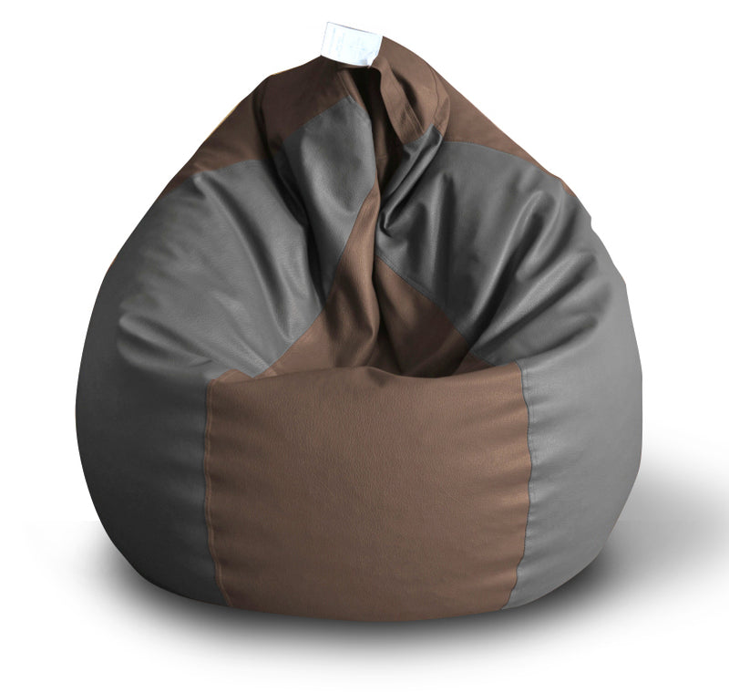 Style Homez Premium Leatherette Classic Bean Bag XXL Size Brown Grey Color Filled with Beans Fillers