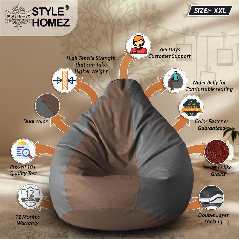 Style Homez Premium Leatherette Classic Bean Bag Size XXL Brown Grey Color, Cover Only