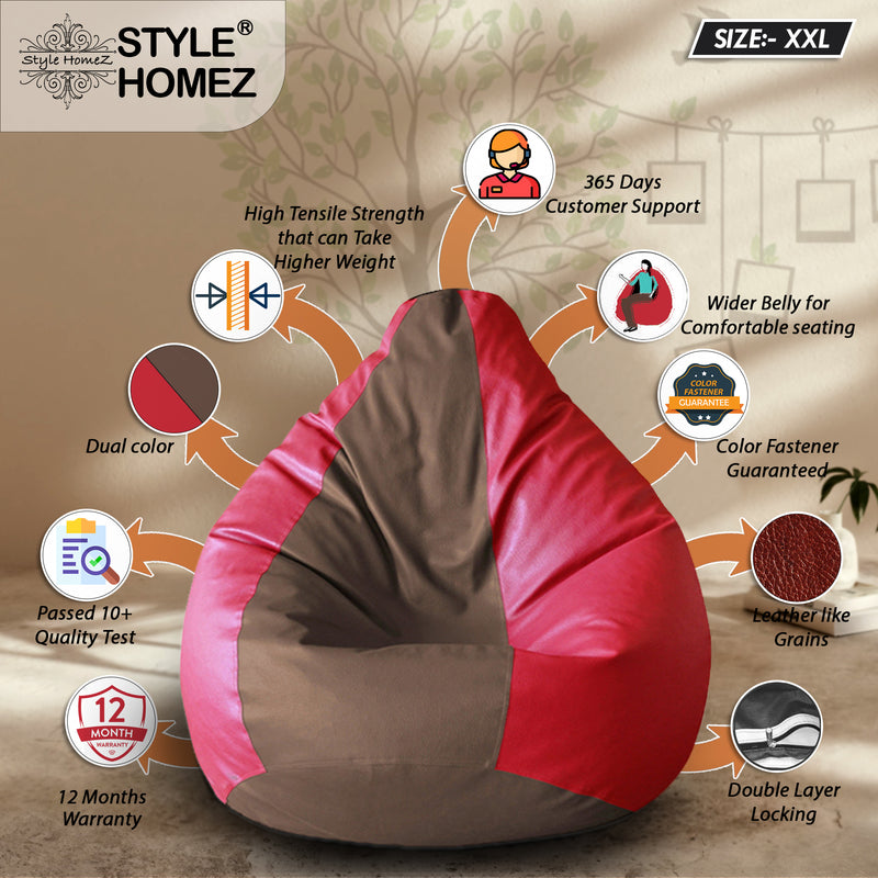 Style Homez Premium Leatherette Classic Bean Bag Size XXL Brown Red Color, Cover Only