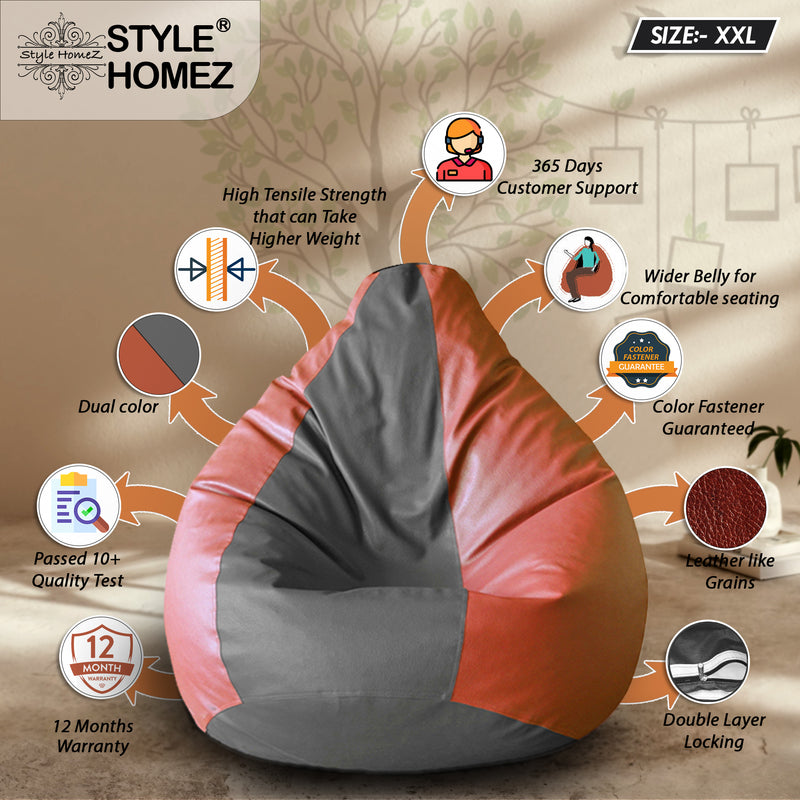 Style Homez Premium Leatherette Classic Bean Bag XXL Size Grey Tan Color Filled with Beans Fillers