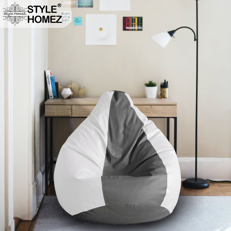 Style Homez Premium Leatherette Classic Bean Bag XXL Size Grey White Color Filled with Beans Fillers