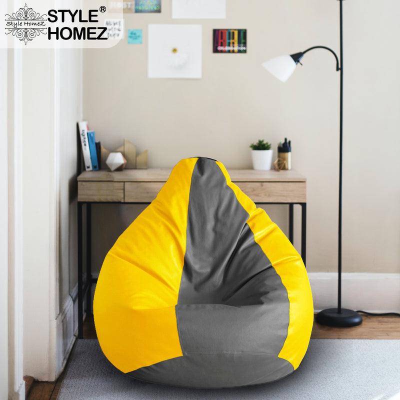 Style Homez Premium Leatherette Classic Bean Bag XXL Size Grey Yellow Color Filled with Beans Fillers