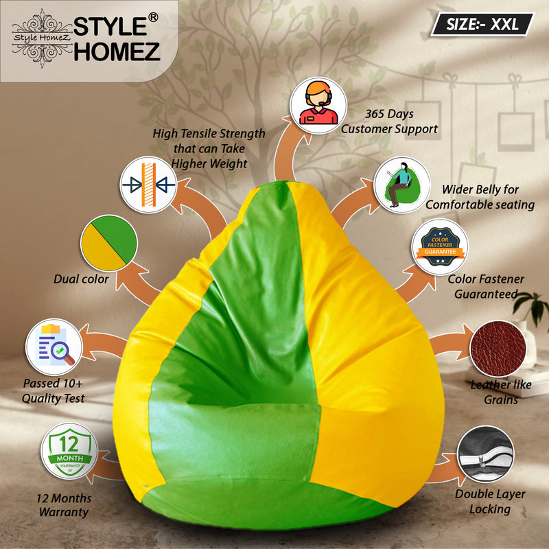 Style Homez Premium Leatherette Classic Bean Bag Size XXL Green Yellow Color, Cover Only