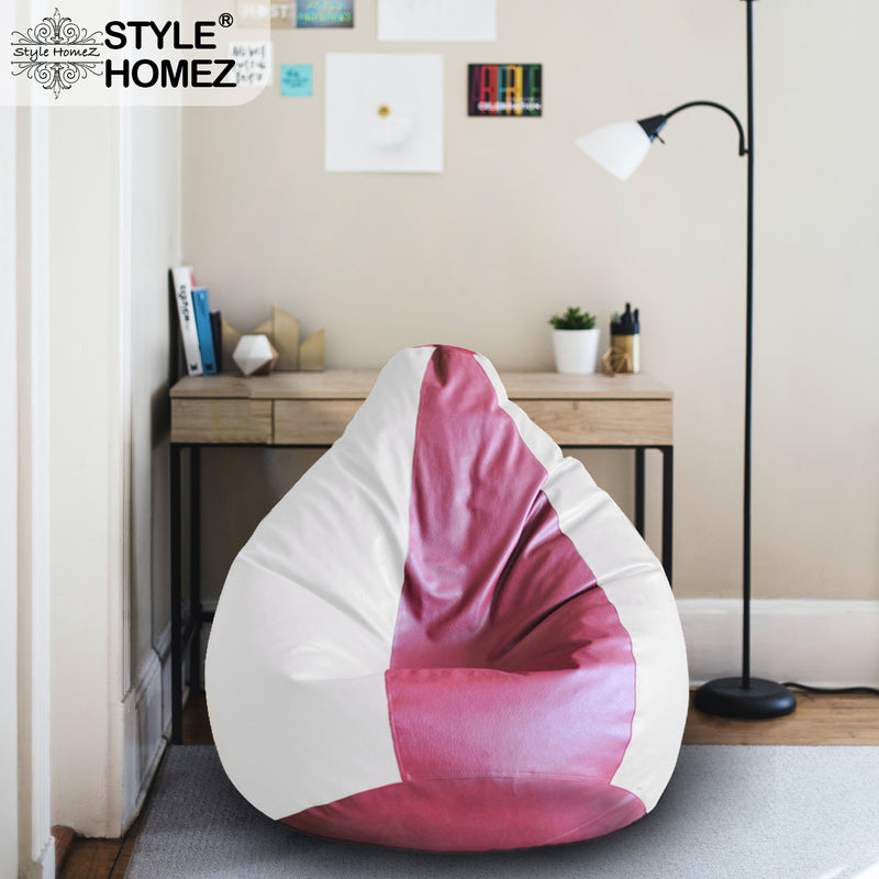 Style Homez Premium Leatherette Classic Bean Bag XXL Size Maroon White Color Filled with Beans Fillers