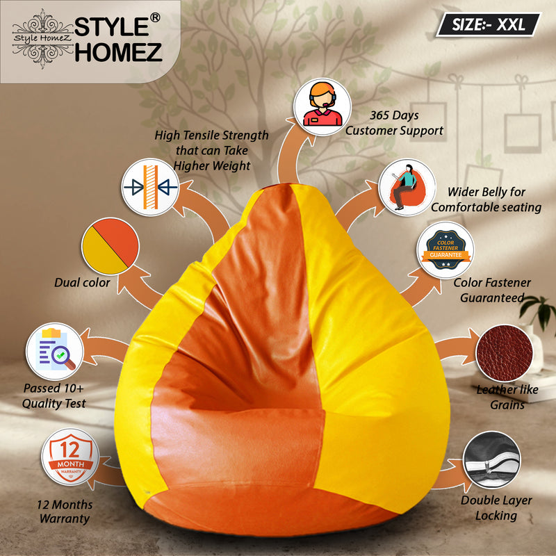 Style Homez Premium Leatherette Classic Bean Bag Size XXL Orange Yellow Color, Cover Only