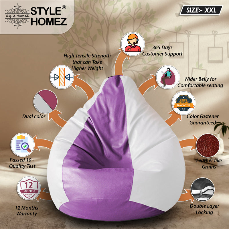 Style Homez Premium Leatherette Classic Bean Bag XXL Size Purple White Color Filled with Beans Fillers