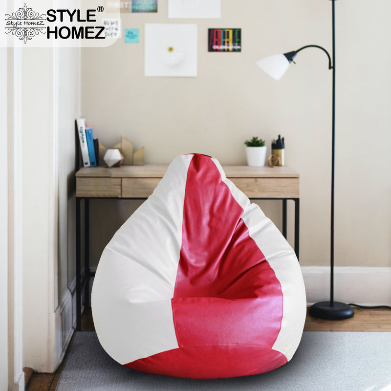 Style Homez Premium Leatherette Classic Bean Bag XXL Size Red White Color Filled with Beans Fillers