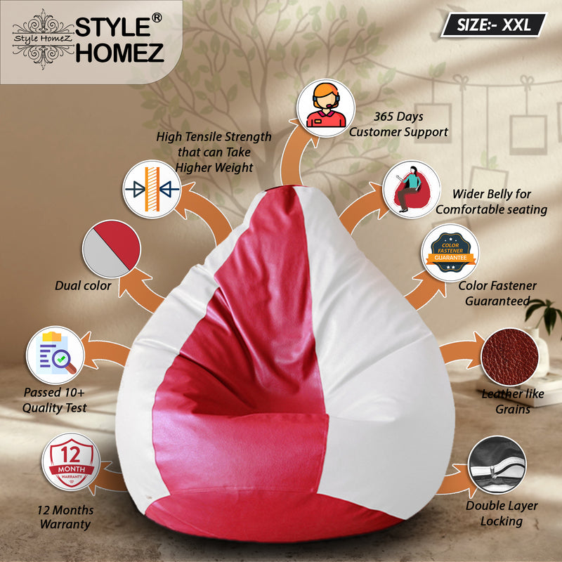 Style Homez Premium Leatherette Classic Bean Bag XXL Size Red White Color Filled with Beans Fillers