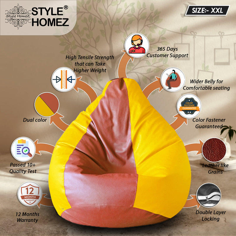 Style Homez Premium Leatherette Classic Bean Bag Size XXL Tan Yellow Color, Cover Only
