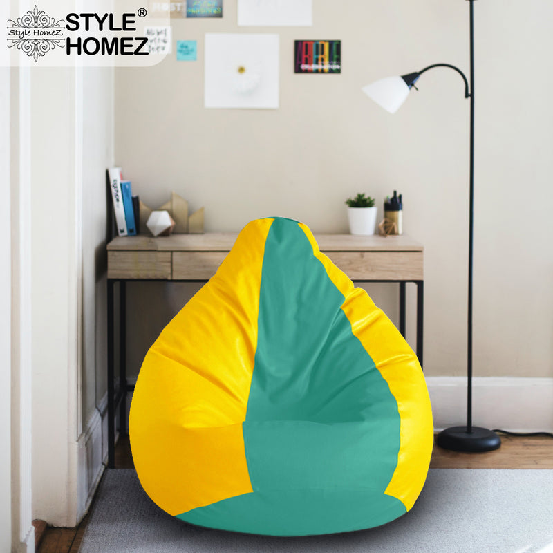 Style Homez Premium Leatherette Classic Bean Bag Size XXL Teal Yellow Color, Cover Only