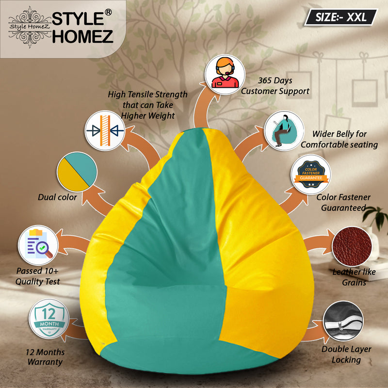 Style Homez Premium Leatherette Classic Bean Bag XXL Size Teal Yellow Color Filled with Beans Fillers