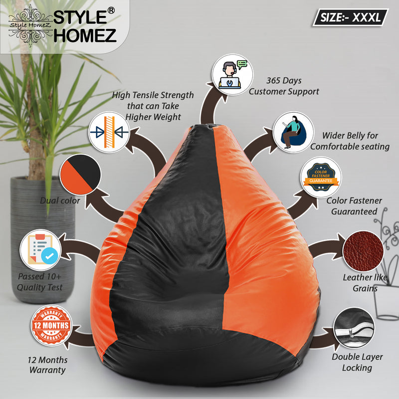 Style Homez Premium Leatherette Classic Bean Bag Size XXXL Black Orange Color, Cover Only