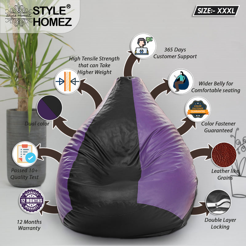 Style Homez Premium Leatherette Classic Bean Bag XXXL Size Black Purple Color Filled with Beans Fillers