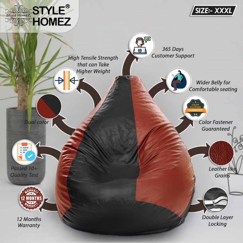 Style Homez Premium Leatherette Classic Bean Bag XXXL Size Black Tan Color Filled with Beans Fillers