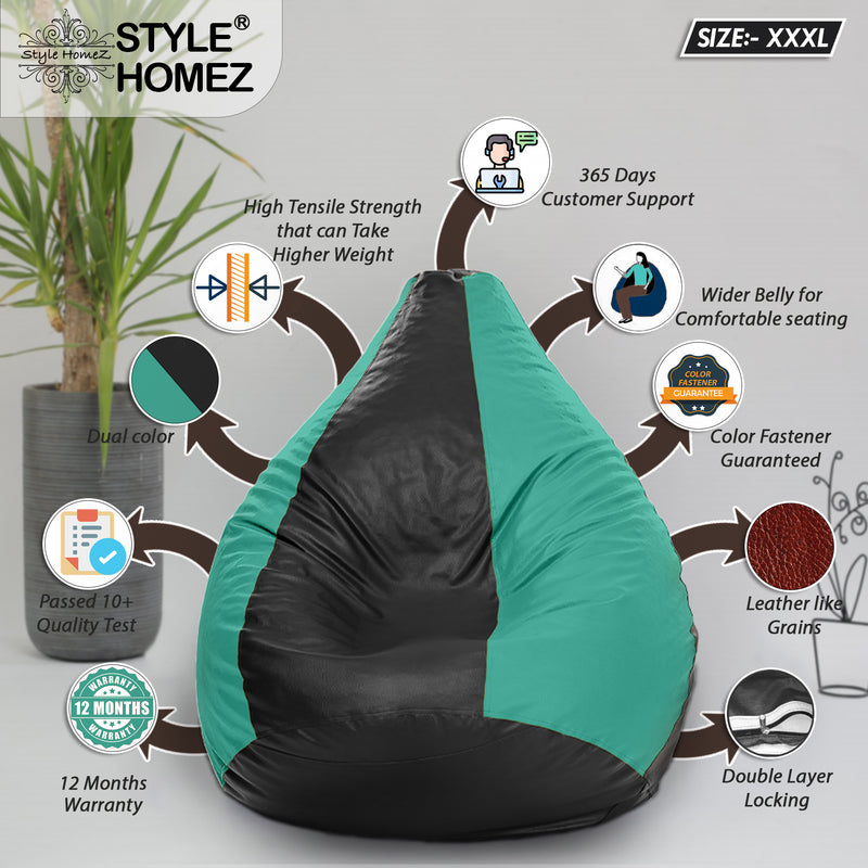 Style Homez Premium Leatherette Classic Bean Bag Size XXXL Black Teal Color, Cover Only