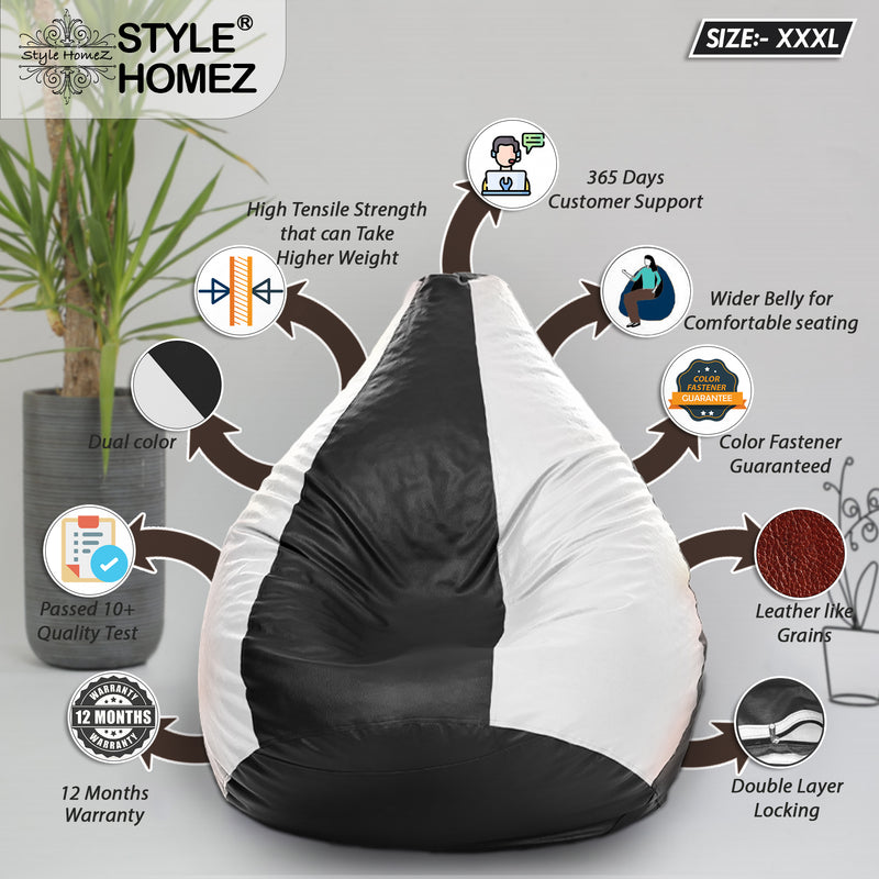 Style Homez Premium Leatherette Classic Bean Bag Size XXXL Black White Color, Cover Only
