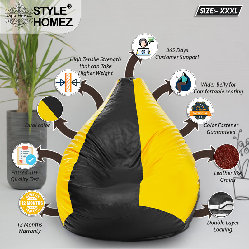 Style Homez Premium Leatherette Classic Bean Bag Size XXXL Black Yellow Color, Cover Only