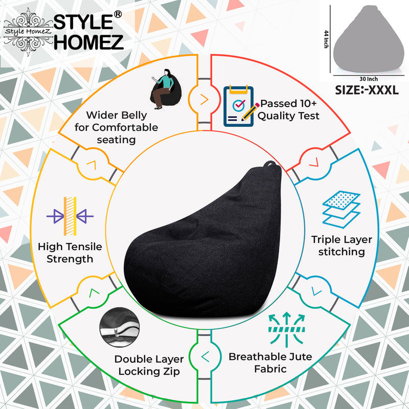 Style Homez ORGANIX Collection, Classic Bean Bag XXXL Size Black Color in Organic Jute Fabric, Cover Only