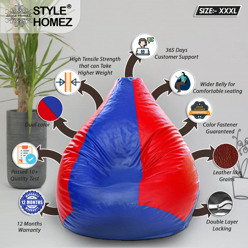 Style Homez Premium Leatherette Classic Bean Bag XXXL Size Blue Red Color Filled with Beans Fillers