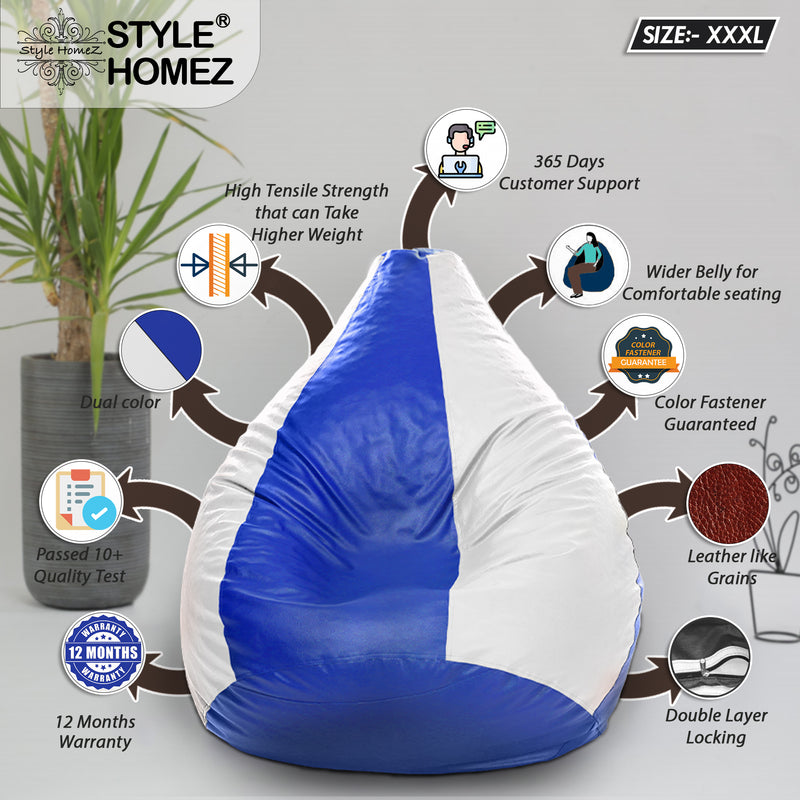 Style Homez Premium Leatherette Classic Bean Bag Size XXXL Blue White Color, Cover Only