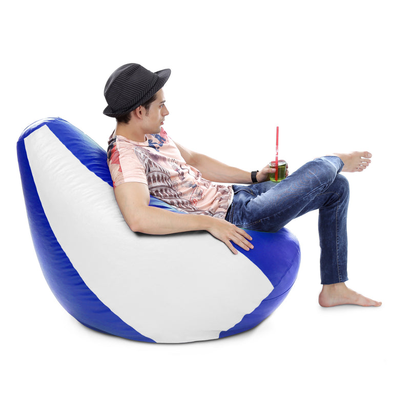 Style Homez Premium Leatherette Classic Bean Bag XXXL Size Blue White Color Filled with Beans Fillers