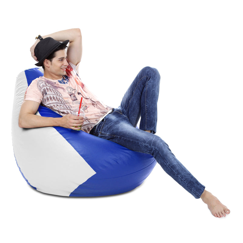 Style Homez Premium Leatherette Classic Bean Bag XXXL Size Blue White Color Filled with Beans Fillers
