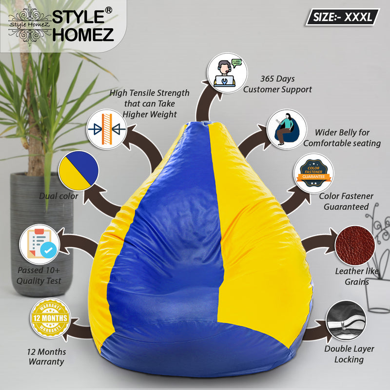 Style Homez Premium Leatherette Classic Bean Bag Size XXXL Blue Yellow Color, Cover Only