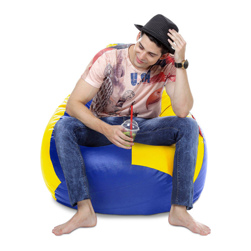 Style Homez Premium Leatherette Classic Bean Bag XXXL Size Blue Yellow Color Filled with Beans Fillers