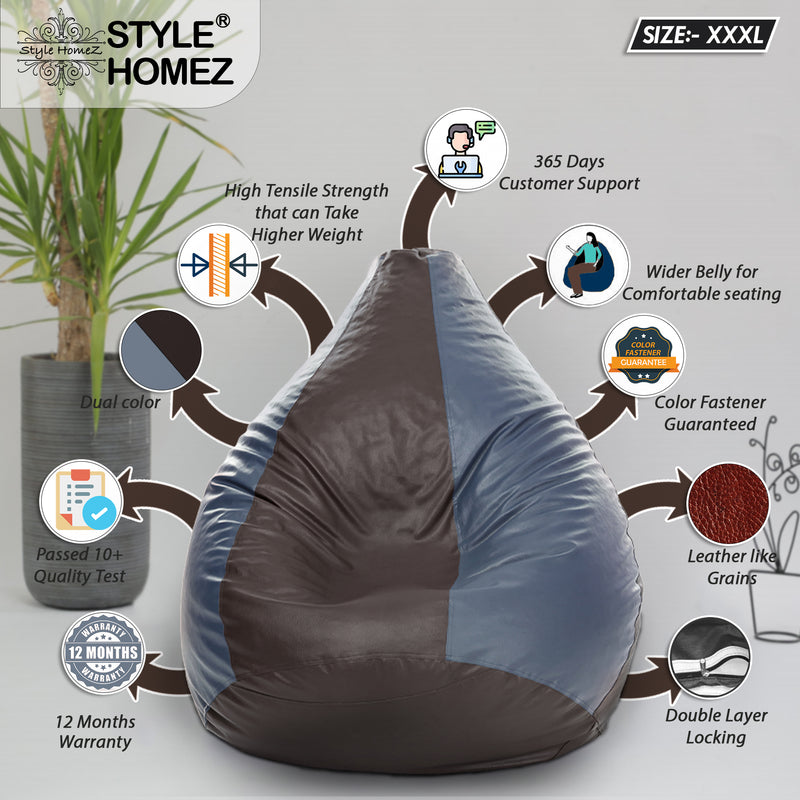 Style Homez Premium Leatherette Classic Bean Bag Size XXXL Brown Grey Color, Cover Only