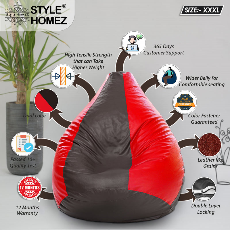 Style Homez Premium Leatherette Classic Bean Bag Size XXXL Brown Red Color, Cover Only